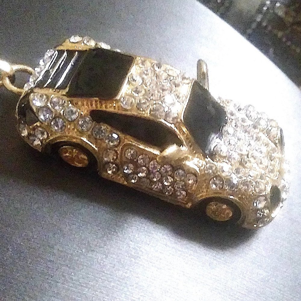 Sparkly Crystal Rhinestone & Black Enamel SPORTSCAR Pendant Necklace